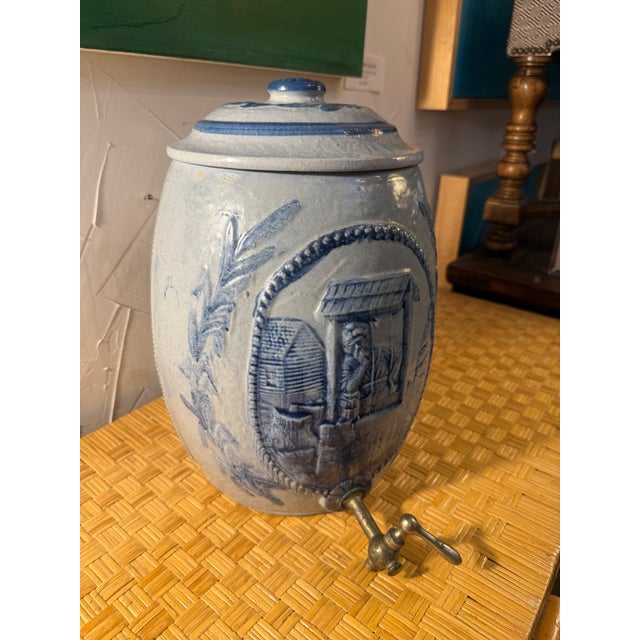 Ceramic Antique Blue Salt Glazed Stoneware Water Crock With Scene For Sale - Image 7 of 11