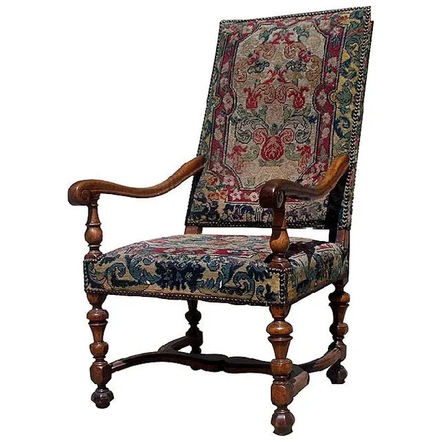19th Century French Walnut Louis XIII Arm Chair Needle Work Upholstery For Sale - Image 5 of 5