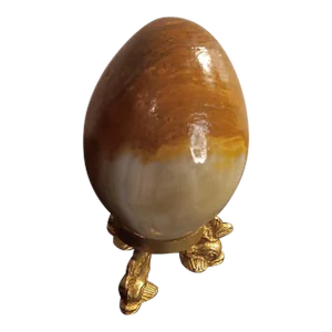 1990s Variegated Marble Egg Figurine on Miniature Brass Figural Pedestal