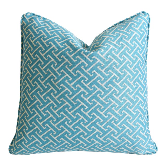 Sky-Blue & White Modern Contemporary Geometric Feather/Down Pillow 20” Square For Sale