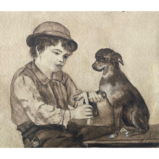 Offering a captivating painting of a boy tending to his dog’s injury. The work appears to be a watercolor, perhaps with...