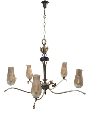 Neoclassical Five-Light Glass and Chromed Steel Chandelier attributed to Kaiser Leuchten for Kaiser Idell / Kaiser Leuchten, 1950s