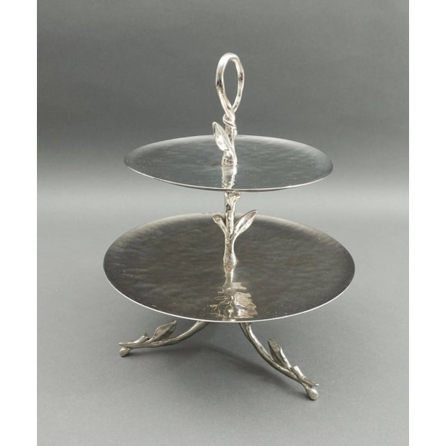 Contemporary Michael Aram Signed Stainless Leaf 2 Tier Etagere Server For Sale - Image 3 of 8