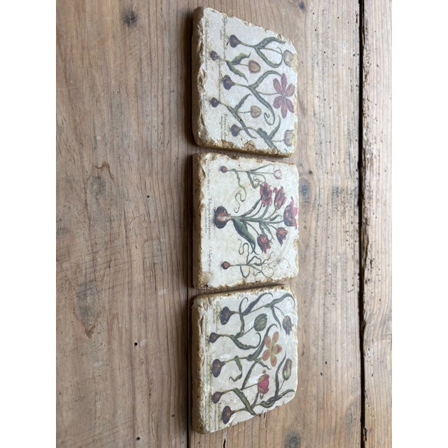 Late 20th Century Late 20th Century Verta Botanical Tulip Travertine Stone Coasters – Set of 3 For Sale - Image 5 of 11