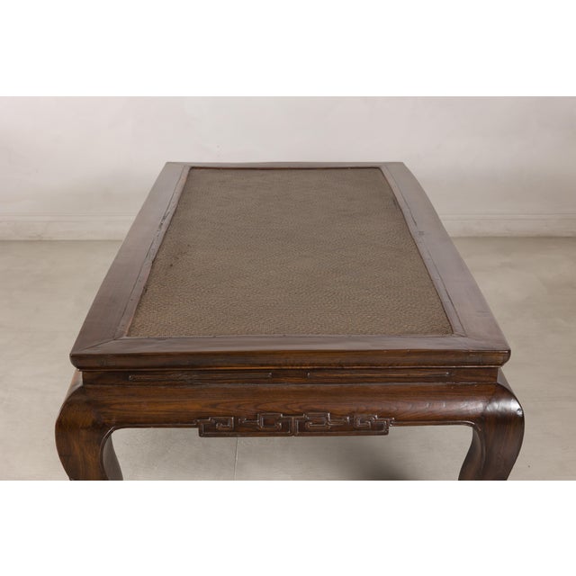 Antique Chinese Elm Opium Bed Coffee Table with Woven Rattan Top and Scroll Legs For Sale - Image 9 of 18