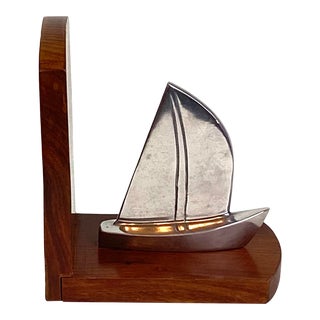 Mid-Century Steel Boat Walnut Wood Bookend For Sale