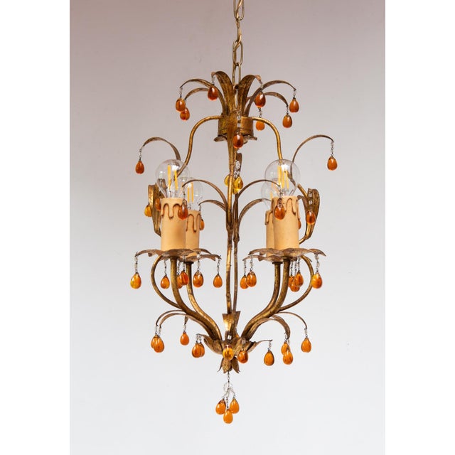 Metal Small Italian Chandelier in Gilt Metal with Leaves and Flowers, 1960 For Sale - Image 7 of 8