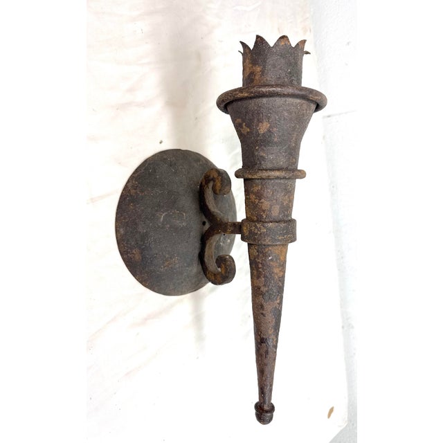 Gothic Antique Gothic 19th Century Hand Wrought Iron Wall Mount Candle Sconce Fixture For Sale - Image 3 of 10