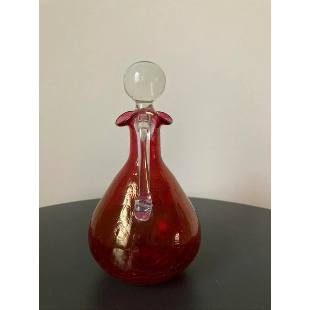 Victorian Victorian Cranberry Crackled Glass Decanter With Round Stopper For Sale - Image 3 of 12