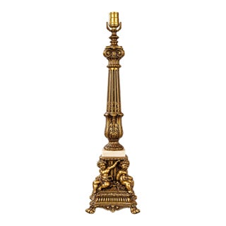 Late 20th Century Neoclassical Gilt Brass Putti Cherub & Marble Column Table Lamp For Sale