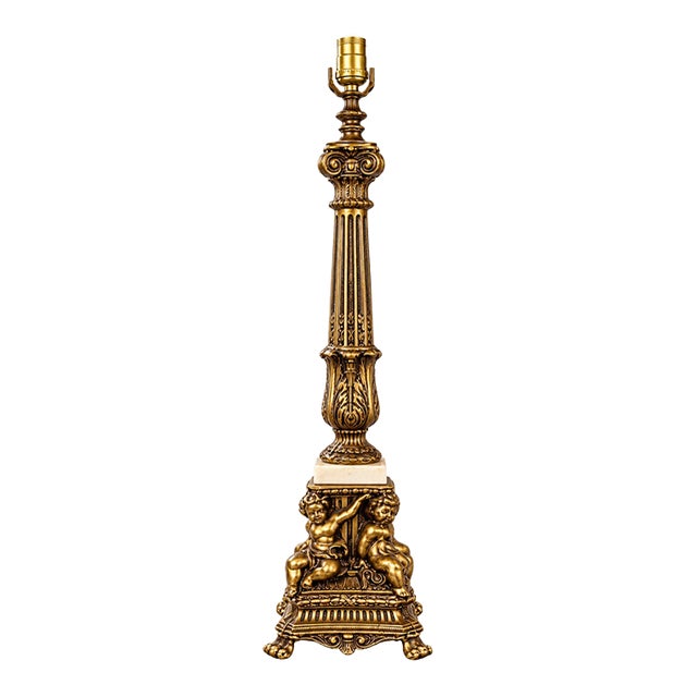 Late 20th Century Neoclassical Gilt Brass Putti Cherub & Marble Column Table Lamp For Sale