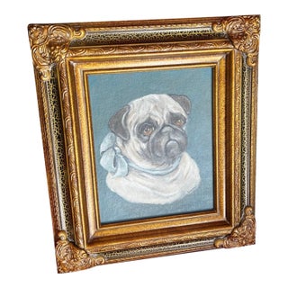 Original Vintage Oil on Canvas Painting of a Pug, Framed and Signed by the Artist For Sale