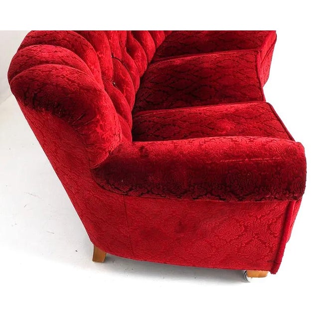 Textile 1950s Ruby Red Tufted Demask Velvet Sofa Danish Mid Century Modern For Sale - Image 7 of 12