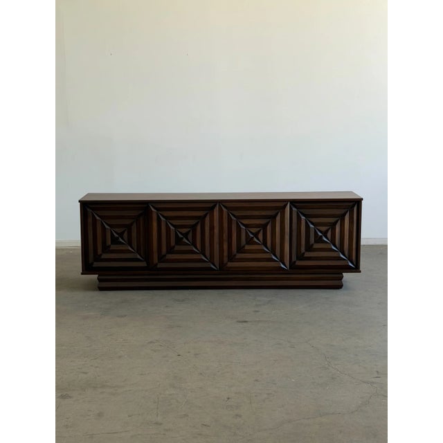 Brutalist 1960s Brutalist Walnut Credenza With Carved Diamond Design For Sale - Image 3 of 18