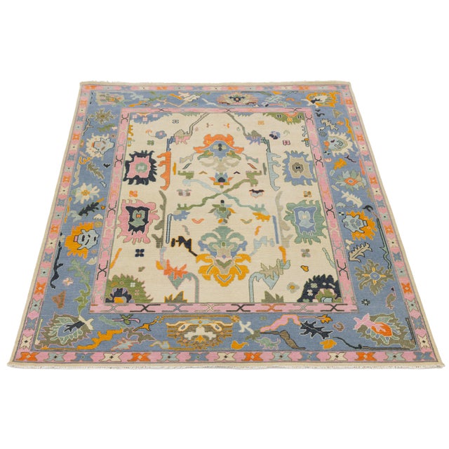 Contemporary Hand-Knotted Oushak Style Wool Rug in Ivory, Soft Blue, & Pastel For Sale - Image 9 of 12
