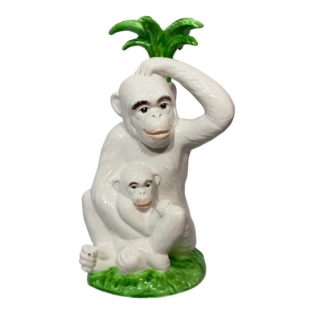 Vintage Majolica Monkey Pair With Palm Tree, Italy, 16” Tall For Sale