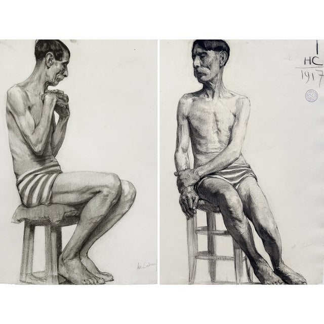 This is a rare and remarkable find—two academic drawings of the same model from a singular sitting session, dating back to...