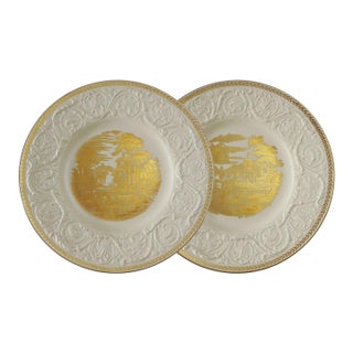 Vintage Wedgwood Patrician Plates Gilt Embossed Floral Scrolls English Country Scene - A Pair For Sale