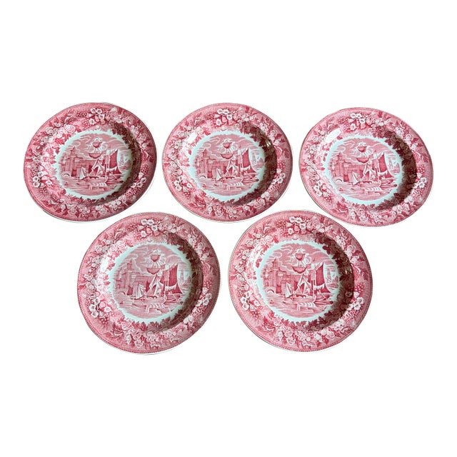 A Fine Set of 5 Vintage Wedgwood “Ferrara” Red Transferware Plates, 1960's For Sale