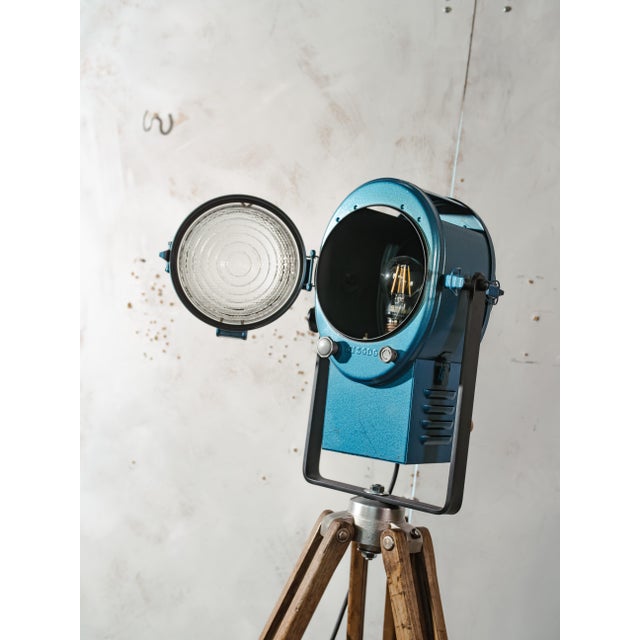 Blue Vintage Industrial Theater Spotlight Floor Lamp from A.E. Cremer, 1950s For Sale - Image 8 of 17