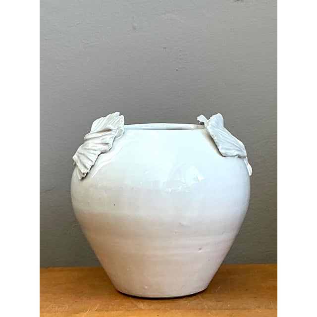 Vintage Kass O'Brien White Ceramic Vase With Ginko Leaf Motif For Sale - Image 11 of 13