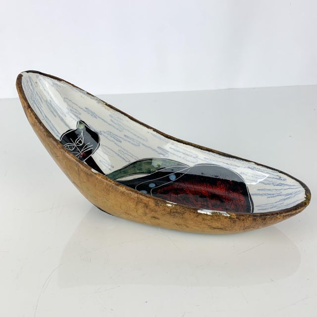 Mid 20th Century Vintage Marcello Fantoni Style Leather Wrapped Hand Painted Cat Ceramic Dish MCM For Sale - Image 5 of 9