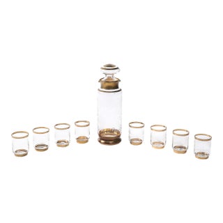Mid Century Decanter Set With Six Glasses in Gilt Detailing and Etched Glass For Sale