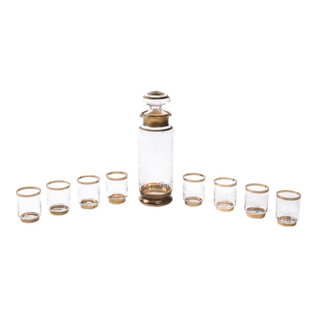 Mid Century Decanter Set With Six Glasses in Gilt Detailing and Etched Glass For Sale