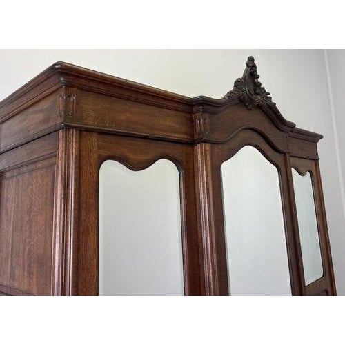 Antique French Rocaille Carved Oak 3-Door Armoire with Mirror For Sale - Image 4 of 14