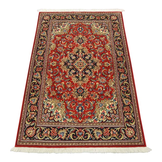 Fine Qom Rug 3’3” X 4’11” Red Wool Traditional Hand-Knotted Oriental Carpet For Sale