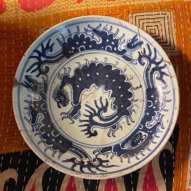 Antique Chinese Blue & White Dragon Porcelain Plate, With Staples For Sale - Image 12 of 13