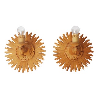 Hand-Crafted Pine Wood Starburst Sun Wall Lamps, Italy, 1980s, Set of 2 For Sale