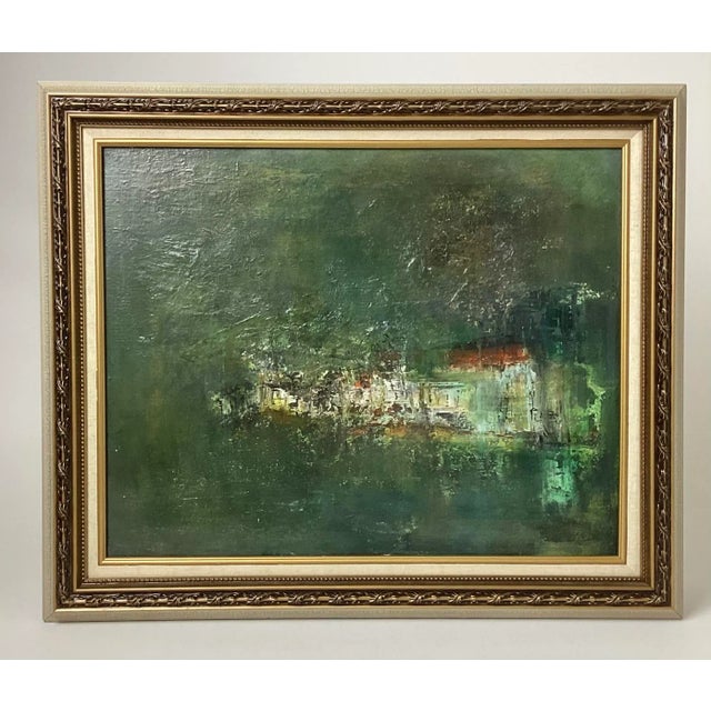 Mid-Century Modernist Impressionist Oil Painting by Linda Mikhael – Villa by the Sea Vibrant mid-century modernist...