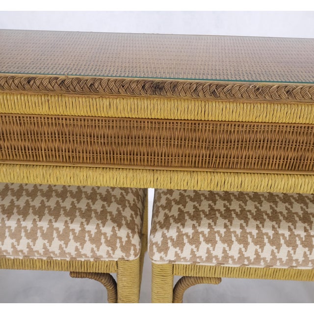 Mid Century Modern Wicker Glass Top Consoel Table w/ Pair of Matching Benches For Sale - Image 6 of 18