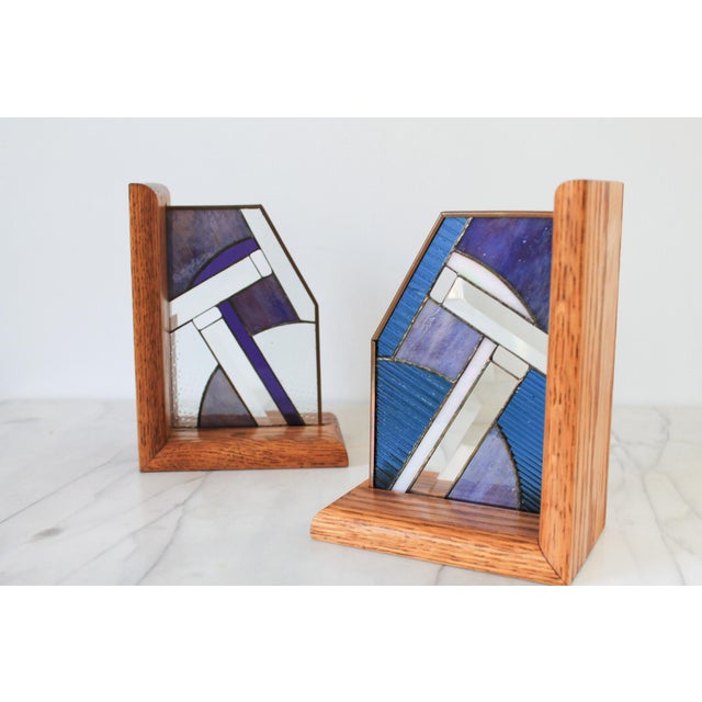 Mid-Century Modern Pair of Vintage Wood and Stained Glass Bookends For Sale - Image 3 of 10