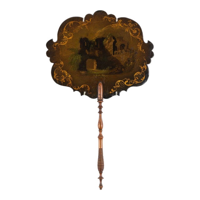 English Paper Mache Face Screen With Turned Rosewood Handle, Circa 1835 For Sale