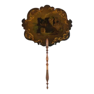 English Paper Mache Face Screen With Turned Rosewood Handle, Circa 1835