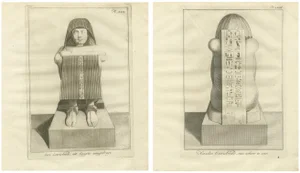 Egyptian Osiris Statue with Hieroglyphs, 1776, Paper, Set of 2