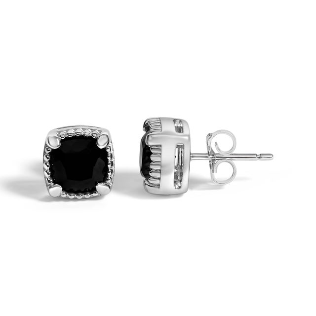 Haus of Brilliance Sterling Silver Cushion Onyx 3-Piece Jewelry Set Ring Earrings Pendant 18 Inch Cable Chain For Sale - Image 4 of 5