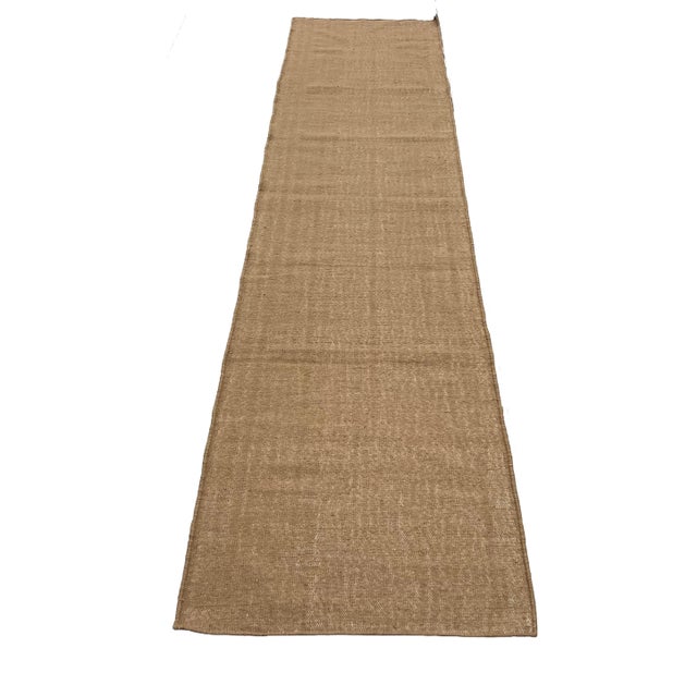 Mid-Century Modern Handmade New Zealand Wool Dhurrie Runner, Solid Beige Runner Rug - 2.5'x10' For Sale - Image 3 of 13