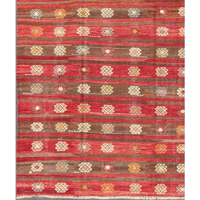 Turkish Colorful Red and Brown Striped Turkish Kilim Rug With Geometric Shapes For Sale - Image 3 of 13
