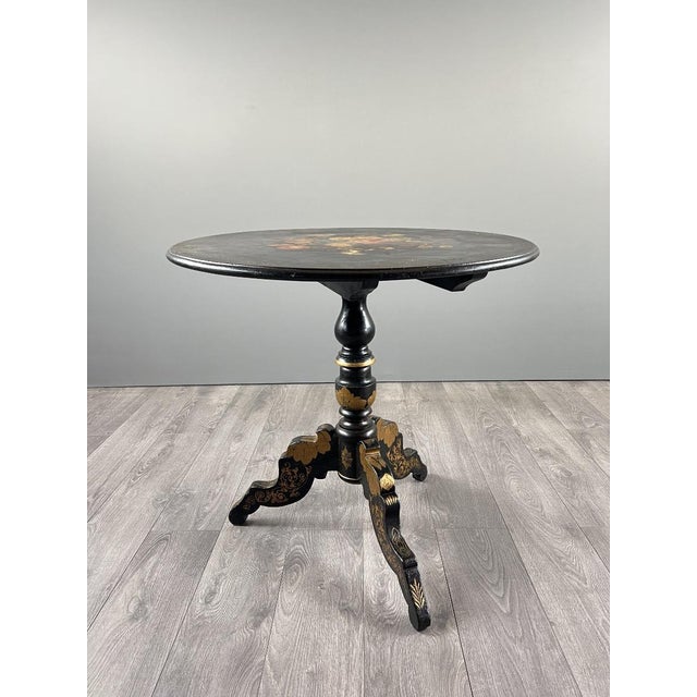 Napoleon iii pedestal table in black lacquered wood with floral painted decoration – 19th century an elegant napoleon iii...
