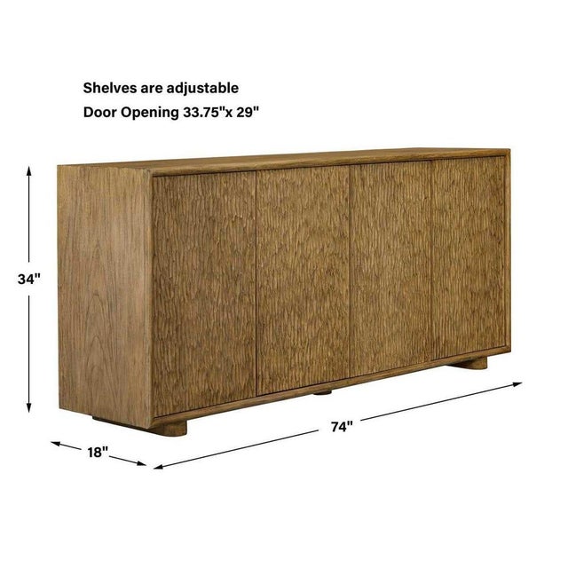 This luxurious ample 74" four-door cabinet is expertly crafted from mindi wood in a warm, natural glaze finish. The solid...