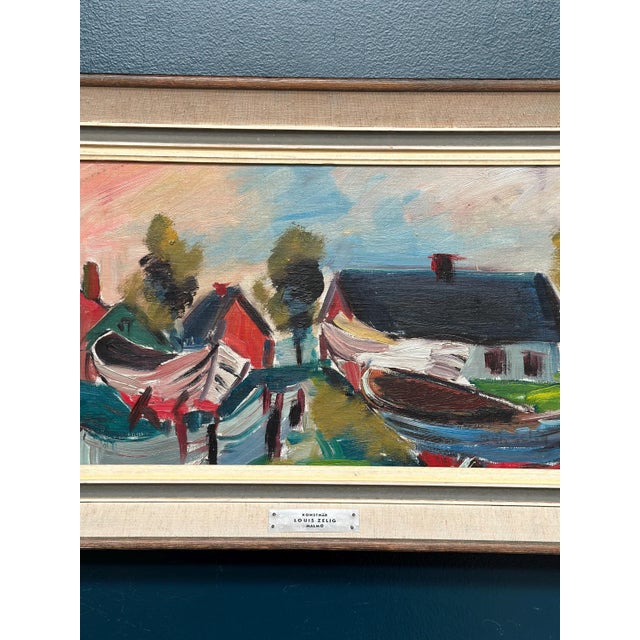 Louis Zelig, Boats in Fishing Village, 1950s, Oil on Panel, Framed For Sale - Image 8 of 18