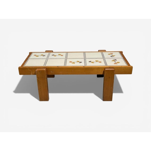 French Modern, Coffee Table, Pine, Ceramic, France, 1970s For Sale - Image 4 of 7
