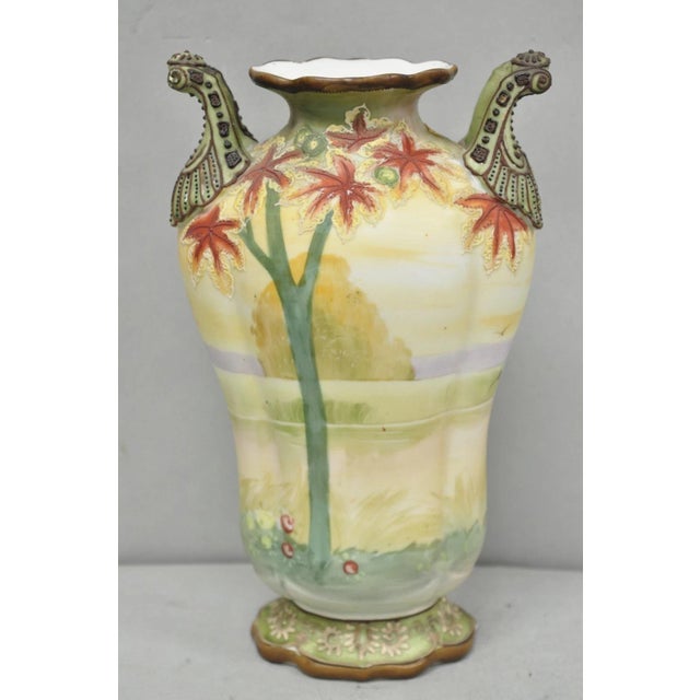 Antique Nippon Hand Painted Porcelain Moriage Twin Handle Countryside Scene Vase For Sale - Image 12 of 18