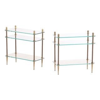 Small Pair of French Three-Tier Brass and Glass End Tables, in the Manner of Maison Jansen, C. 1960 For Sale