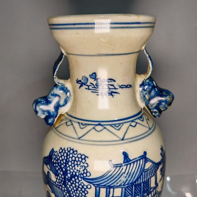 Blue and White Porcelain Vases With Landscape Motif - Set of 2 For Sale - Image 9 of 10