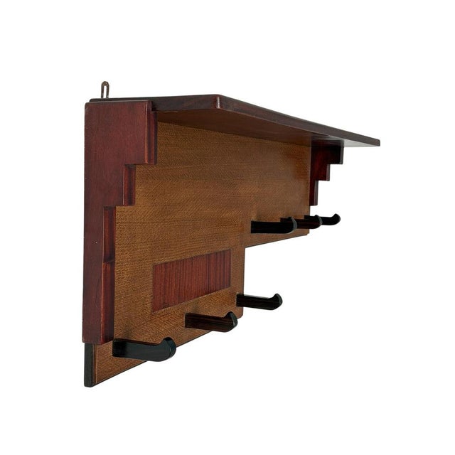 Art Deco Amsterdamse School Wall Coat Rack in Oak and Padouk, 1920s For Sale - Image 10 of 14