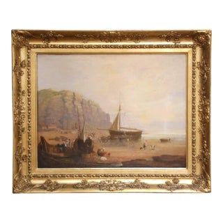 Mid-19th Century English Coastal Fishing Scene Oil Painting in Giltwood Frame For Sale